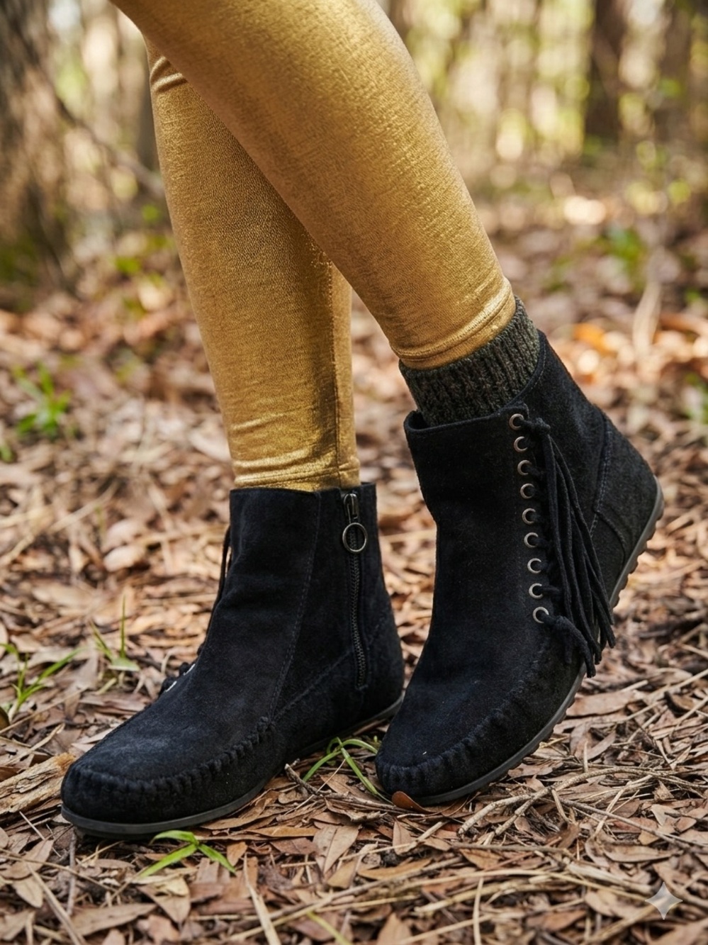 Black Suede Diagonal Fringe Zip up Moccasin ankle suede Boots 9